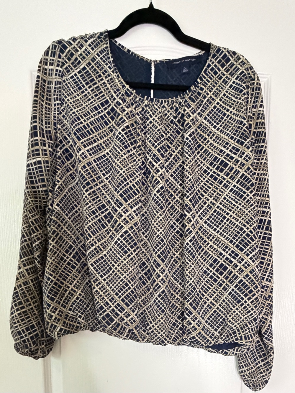 Tommy Hilfiger Long Sleeve Blouse Navy and Tan Print Size L